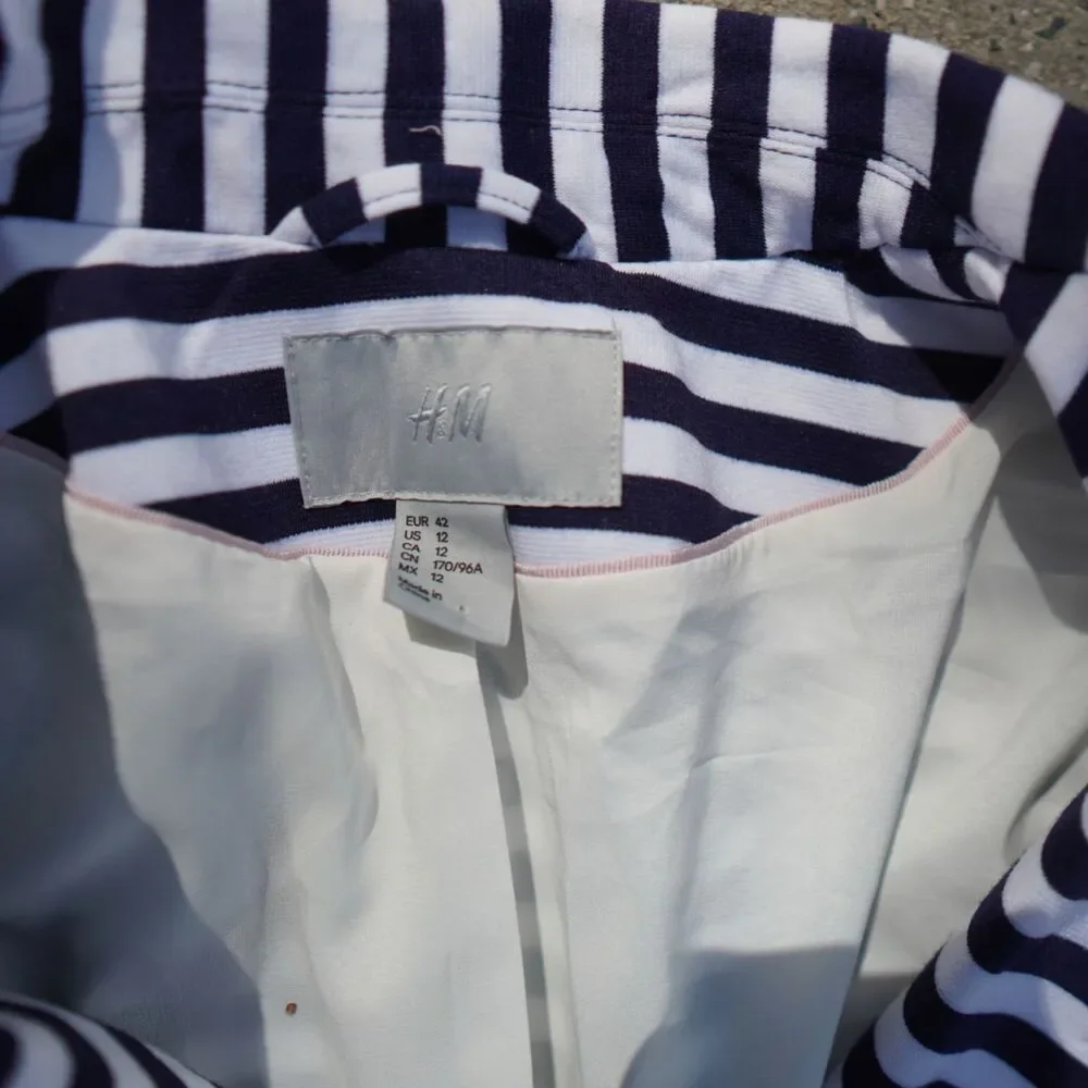 H&M Navy White Striped Blazer Gold Button Tailored Jacket Size 12 Preppy Work - Picture 5 of 15
